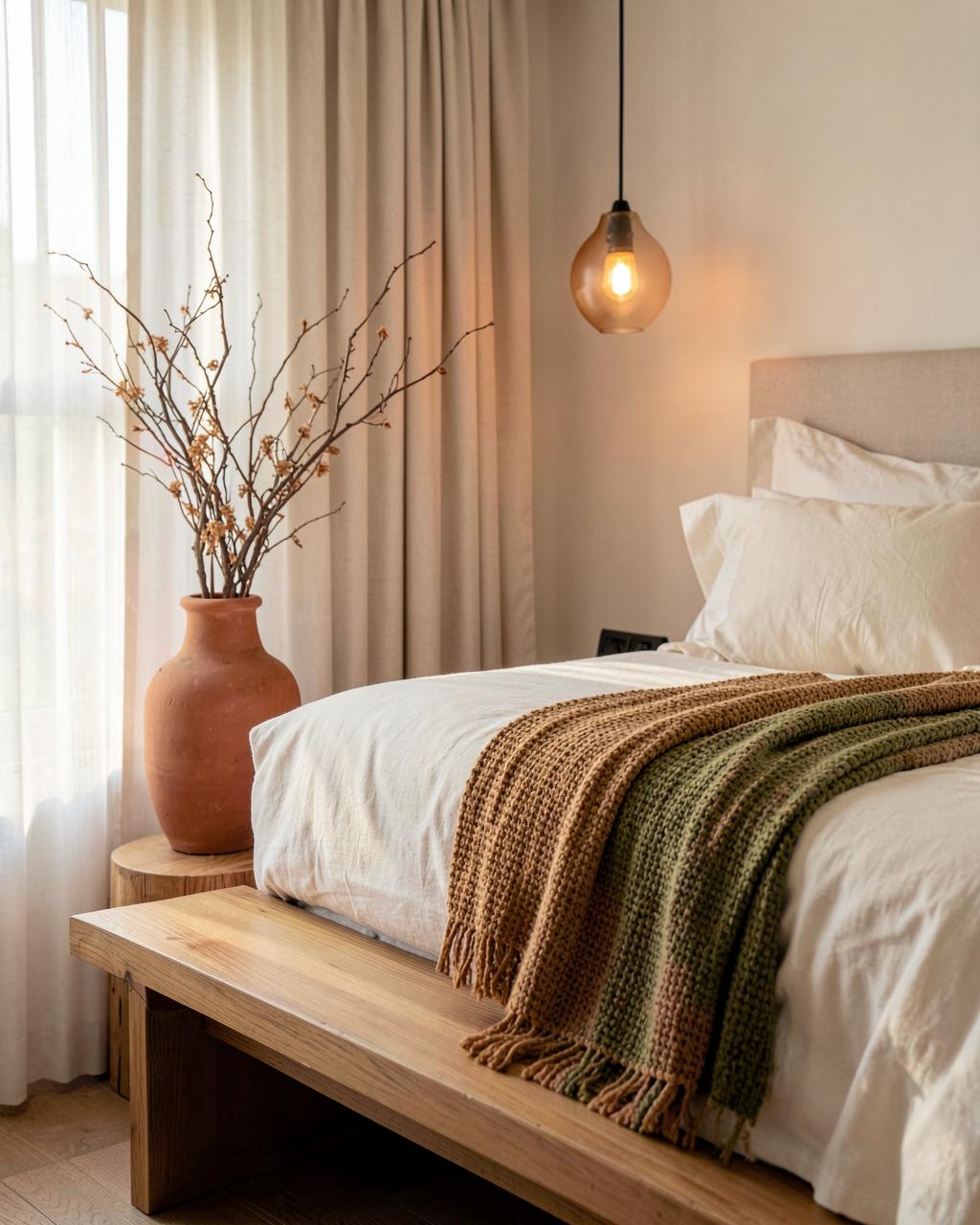 Detalle de dormitorio con estética de hotel boutique, textiles cálidos y luz suave