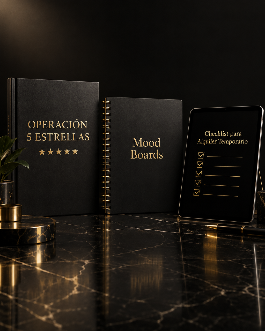 Mockup del bundle digital con el ebook, workbook y checklist sobre un escritorio cálido
