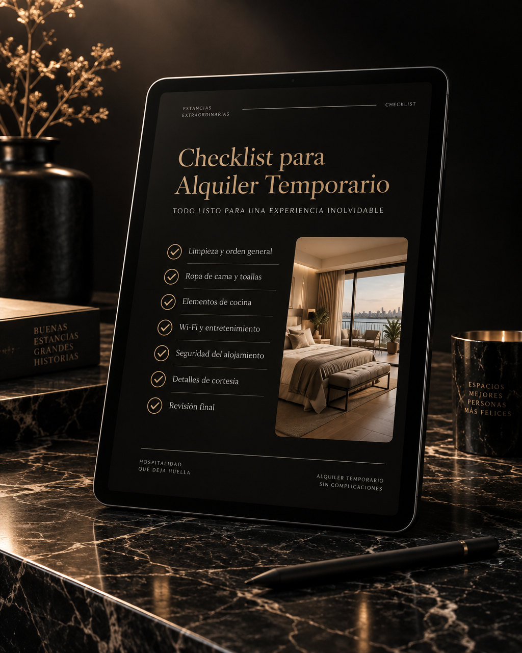 Mockup del checklist en una tablet sobre un escritorio cálido